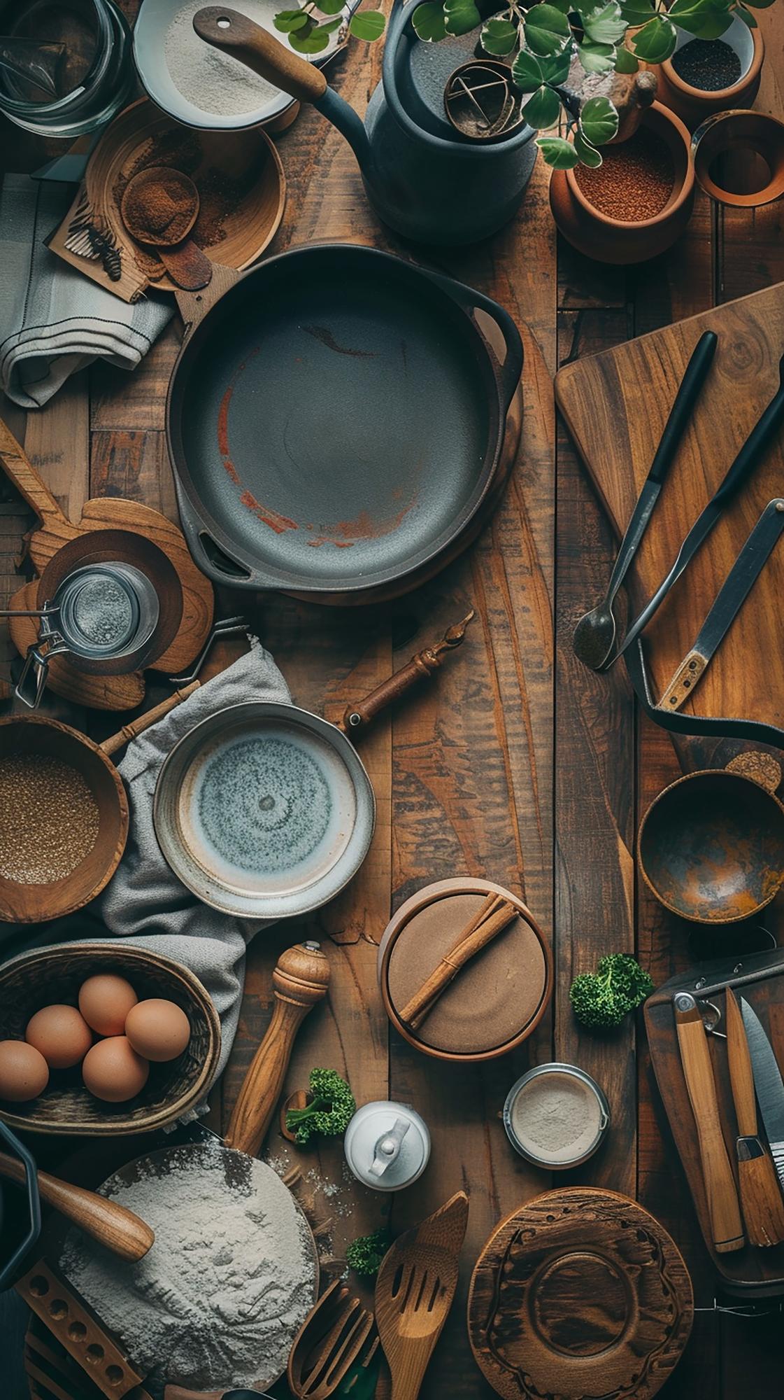 Cucina artigianale con piatti e utensili
